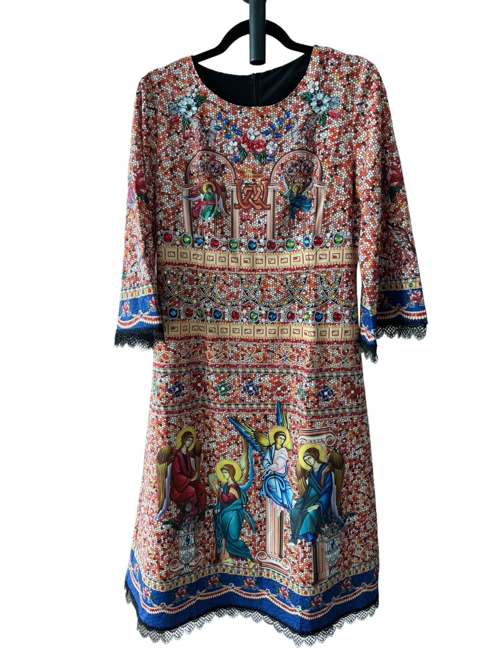 Designer-style Religious Mosaic Print Shift Dress with Angel Motif
